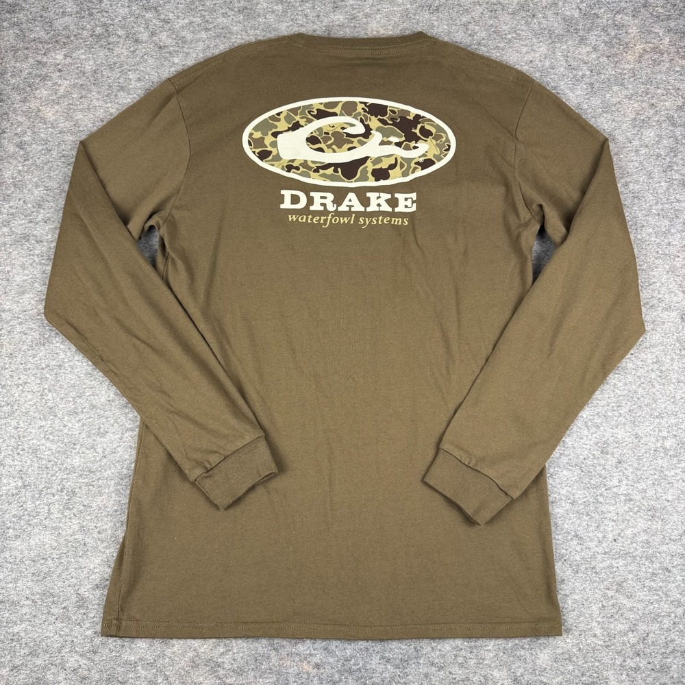 Drake Waterfowl Systems Pocket T-Shirt Long Sleeve Logo Brown Mens Medium M